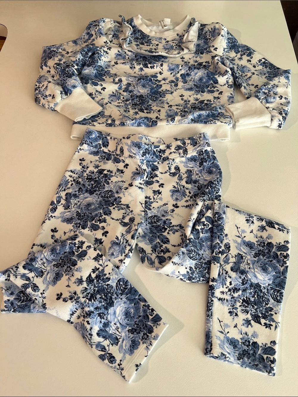 Janie and Jack White & Blue Floral Ruffle Sweatshirt Legging Set